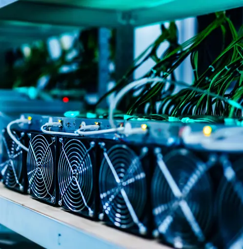 Close-up of hosted ASIC miners in operation