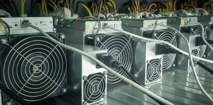 Close-up of ASIC mining hardware installed in a hosted facility